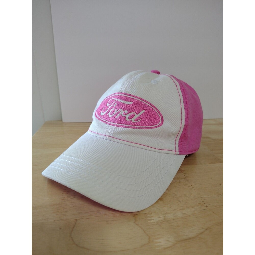 Ford Cap Strap Back Baseball Cap Womens Adjustable Hat White And Pink Logo Pony